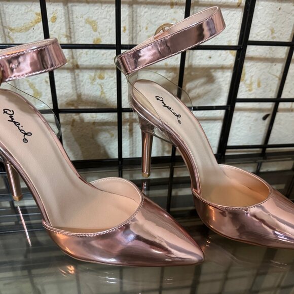 NEW NWOT Qupid PINK metallic Ankle strap High Shoes Heels CUTE 4 in heel Sz: 7 - Picture 3 of 7